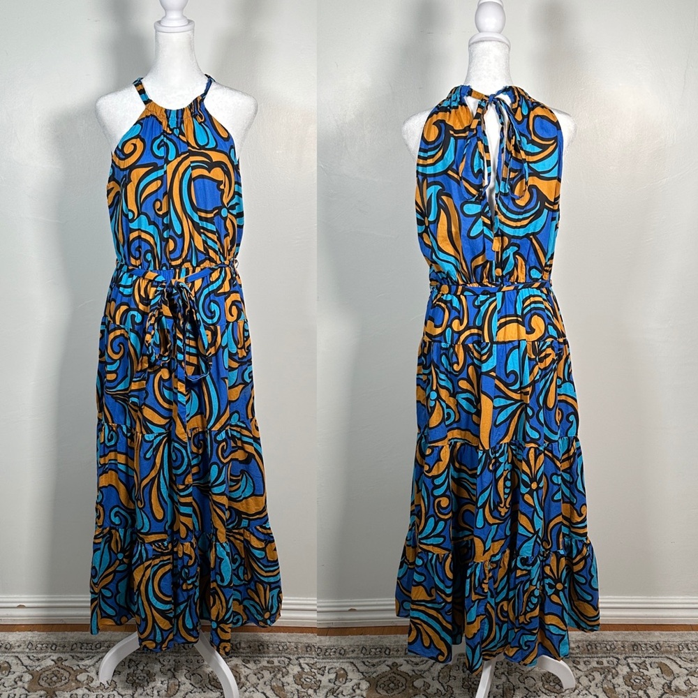 Zara Blue and Mustard Swirl Halter Maxi Dress
